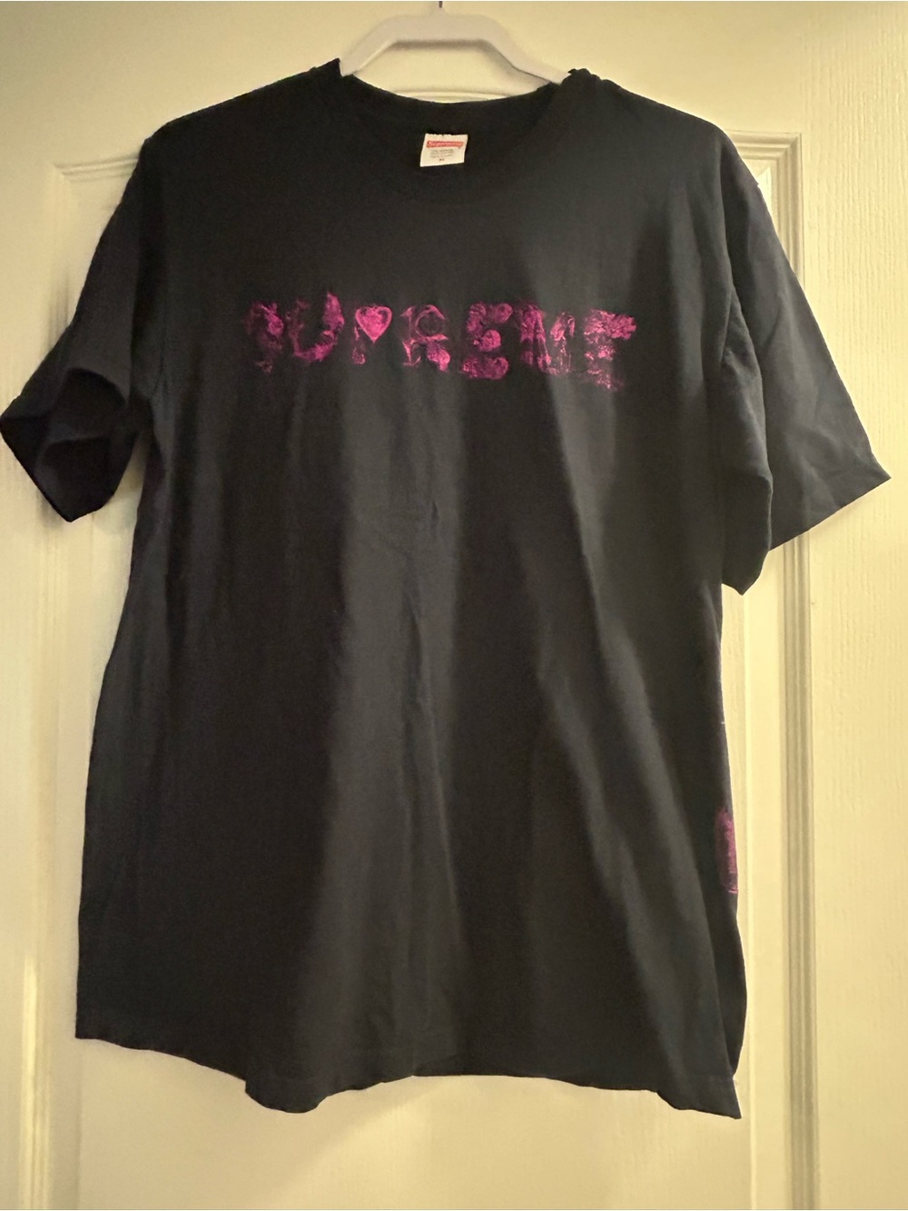 Supreme Black Tee with purple Logo Text